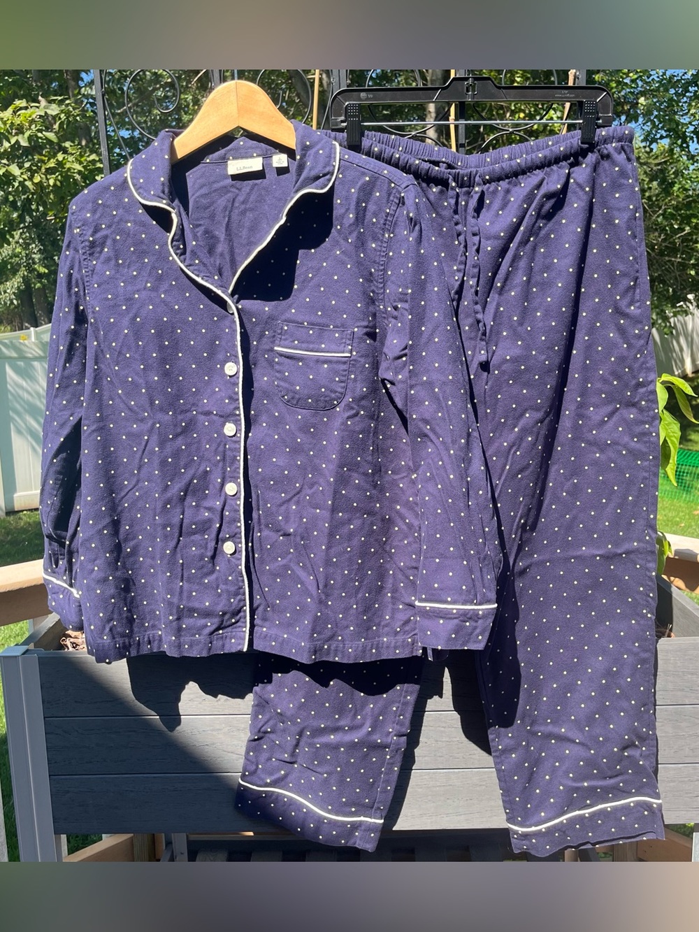 L.L.Bean Women's Navy Blue Cotton Flannel Polka Dot Pajama Set Size Petite L